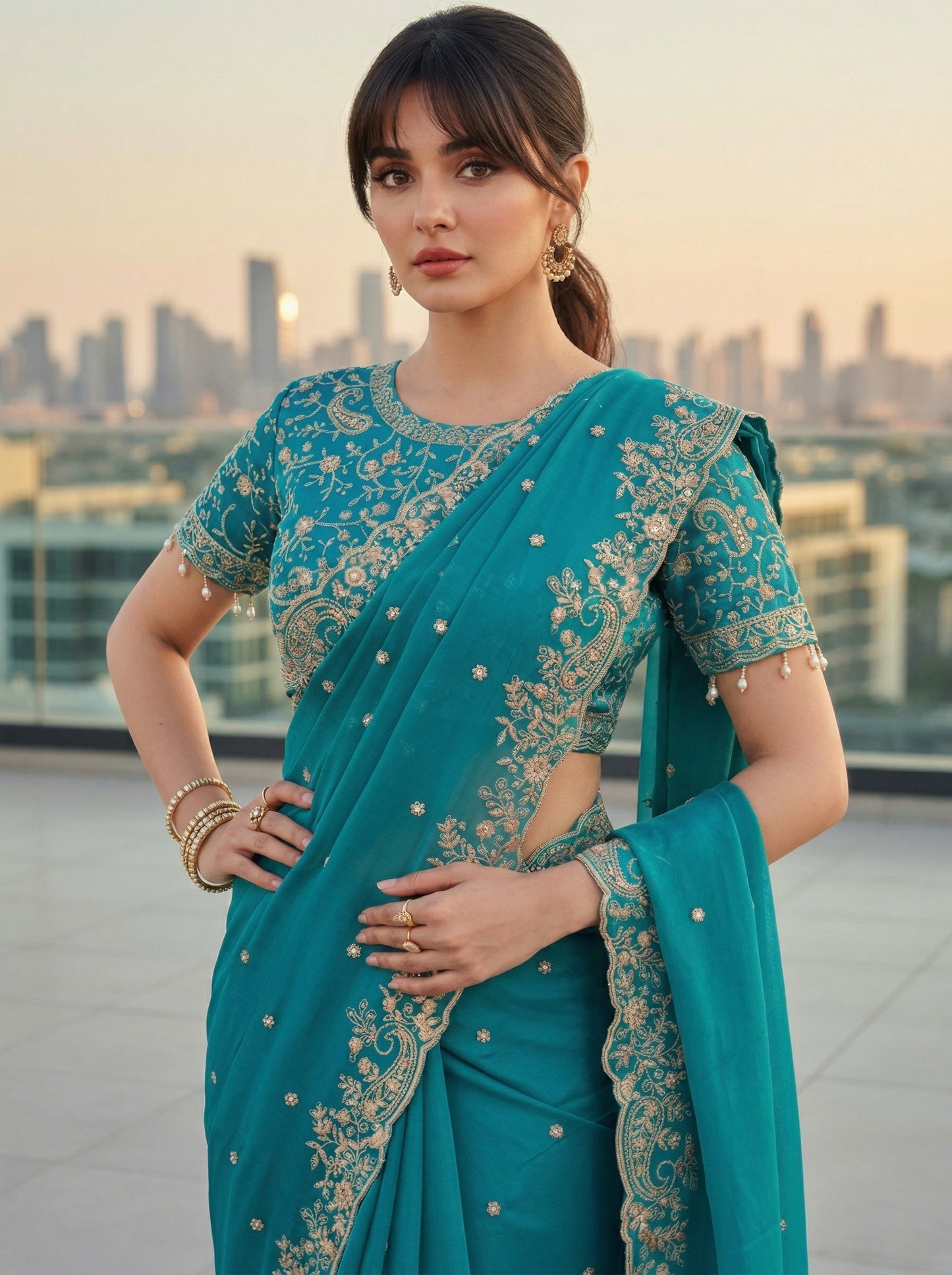 Floral Sequinned Satin Saree