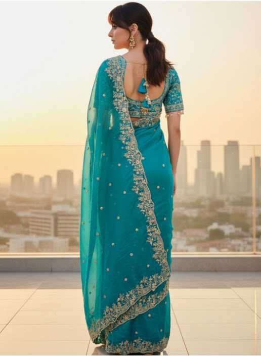Floral Sequinned Satin Saree