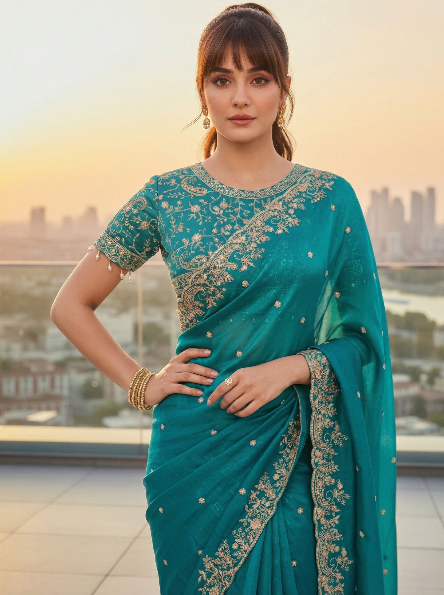 Floral Sequinned Satin Saree