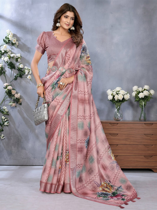 Women's Floral Digital Printed Lilen Simer Blouse Sarees