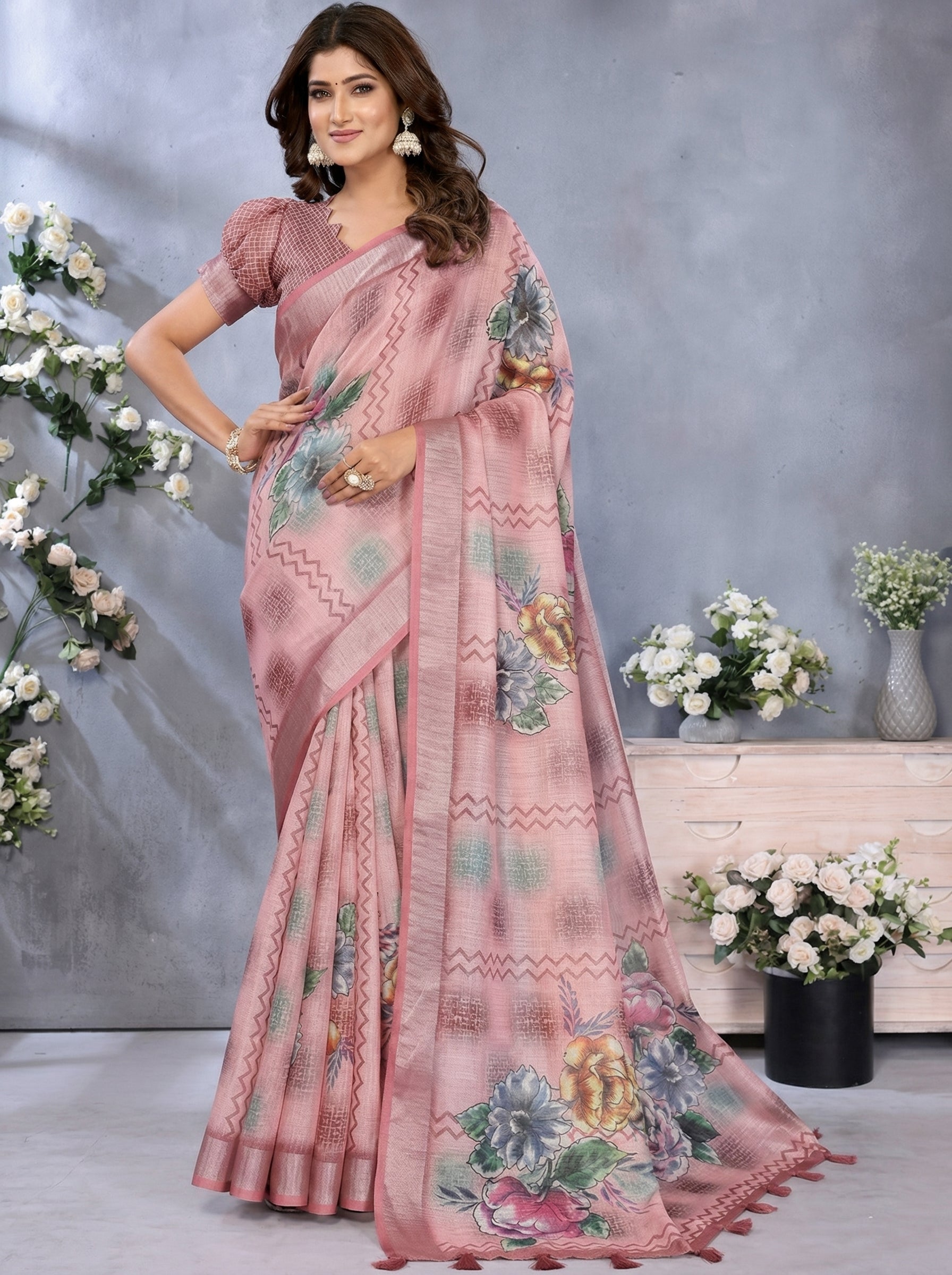 Women's Floral Digital Printed Lilen Simer Blouse Sarees