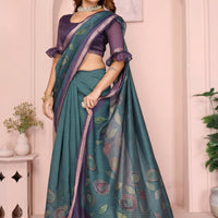 Women's Digital Printed Checks Leaf Motifs Chandari Blouse Sarees