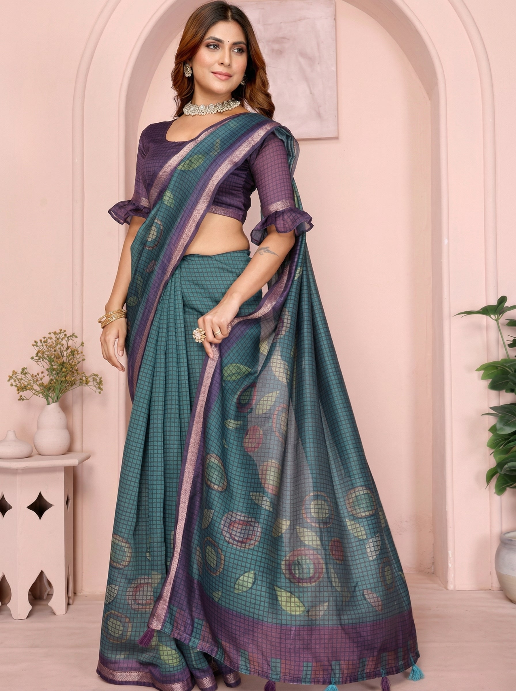 Women's Digital Printed Checks Leaf Motifs Chandari Blouse Sarees