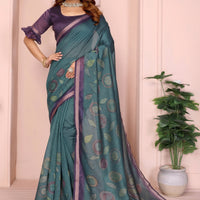 Women's Digital Printed Checks Leaf Motifs Chandari Blouse Sarees