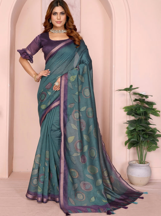 Women's Digital Printed Checks Leaf Motifs Chandari Blouse Sarees
