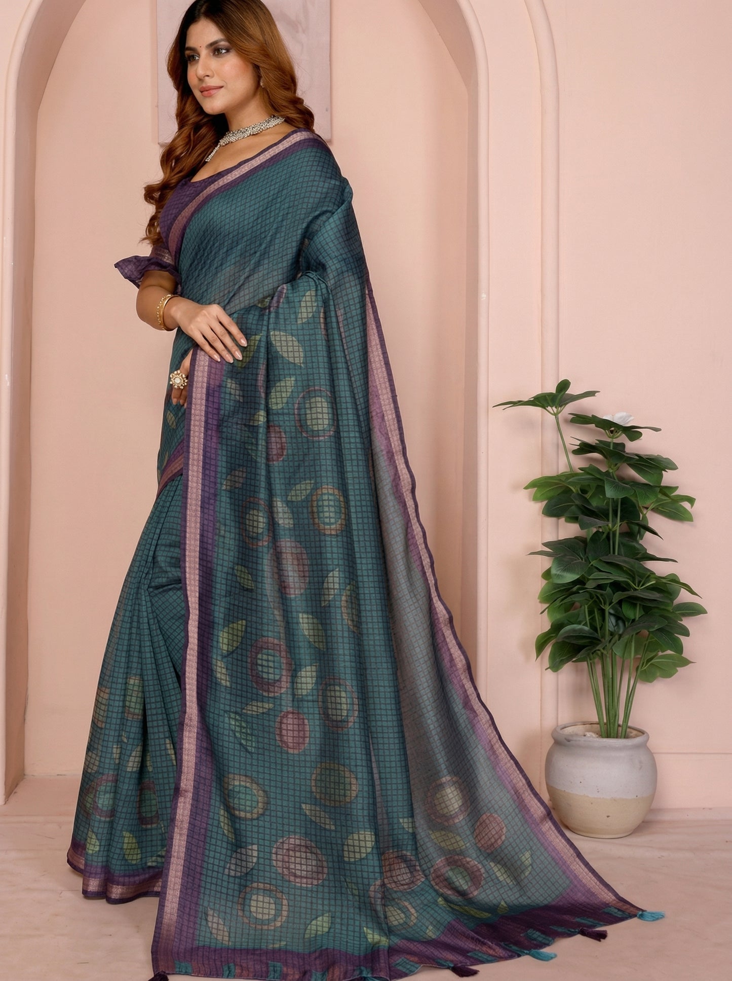 Women's Digital Printed Checks Leaf Motifs Chandari Blouse Sarees