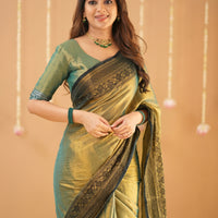 Green Tissue Saree With Designer Blouse