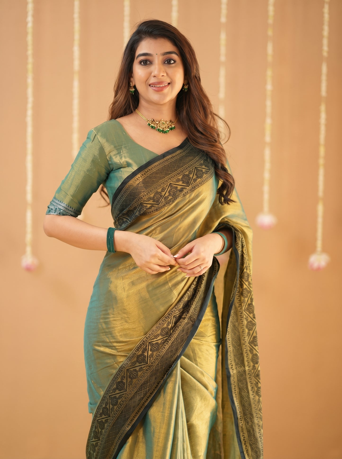 Green Tissue Saree With Designer Blouse