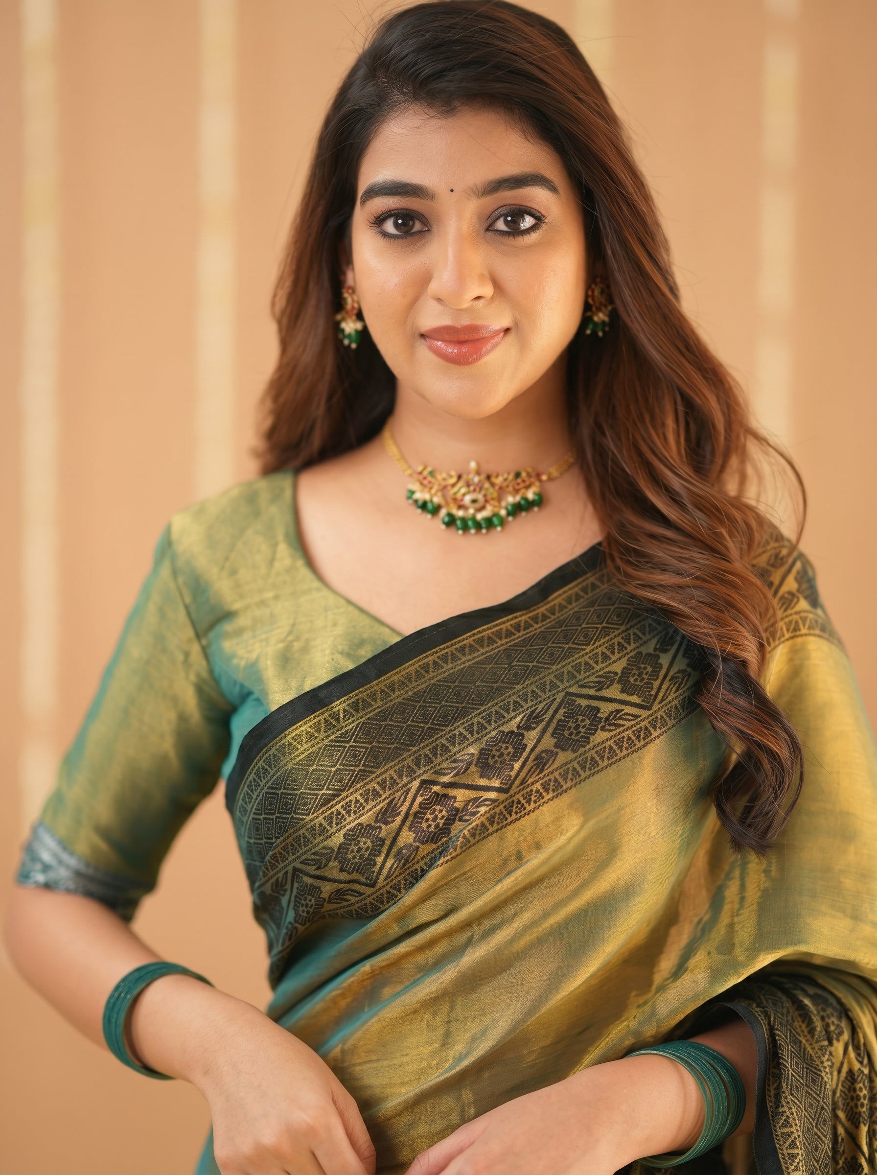 Green Tissue Saree With Designer Blouse