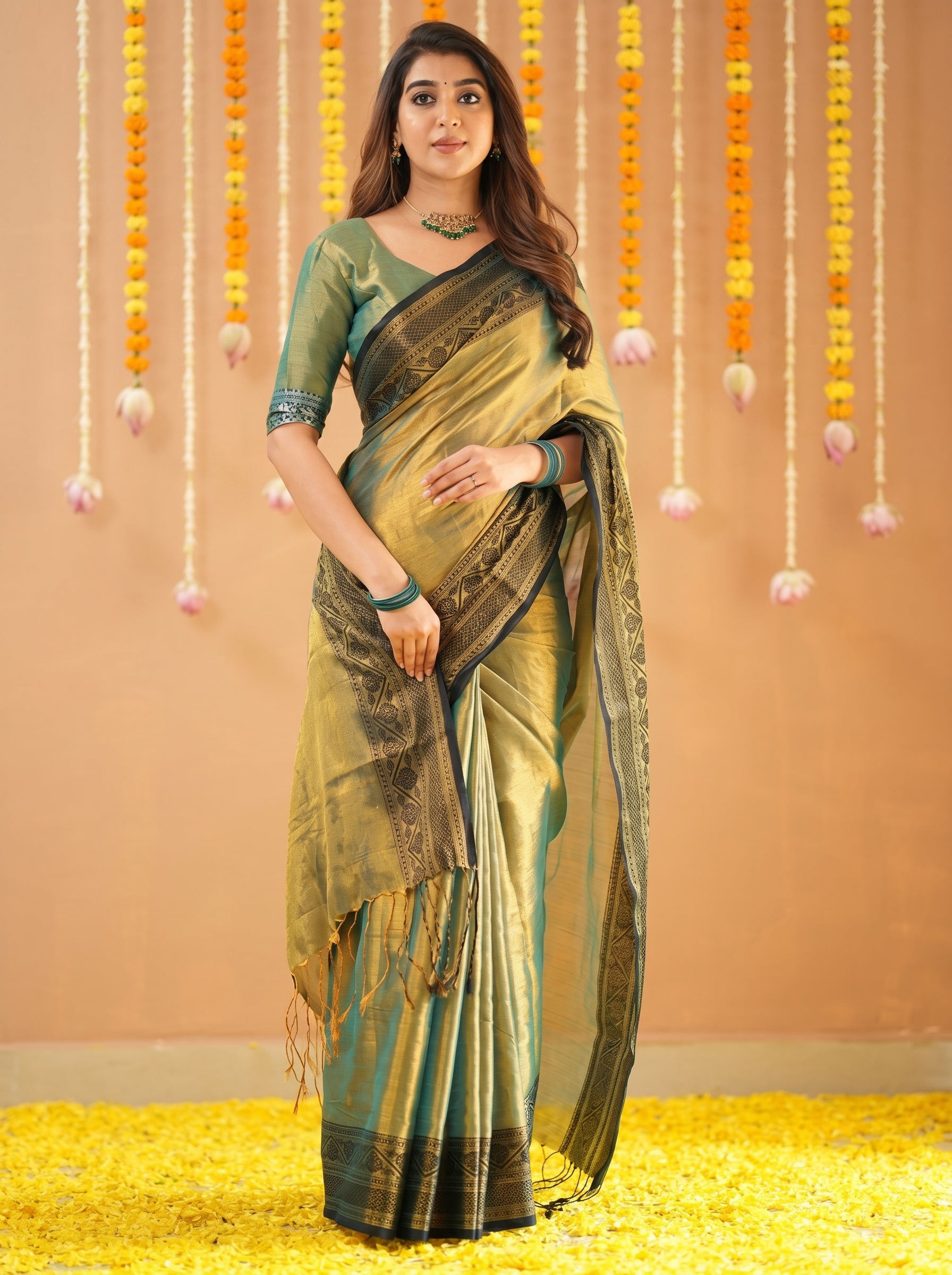 Green Tissue Saree With Designer Blouse