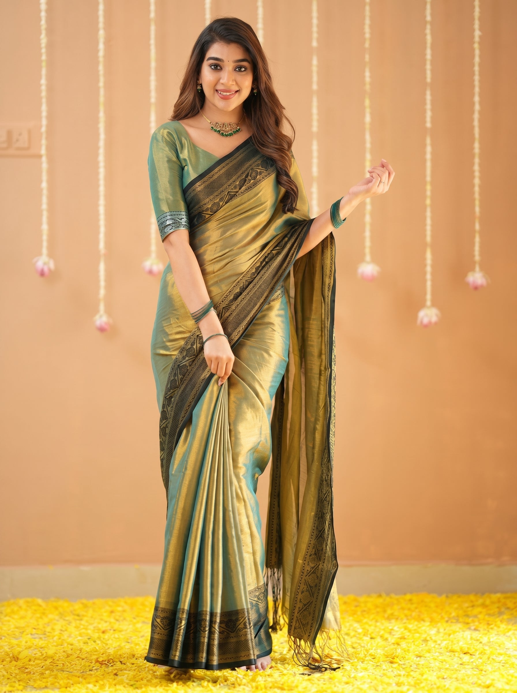 Green Tissue Saree With Designer Blouse